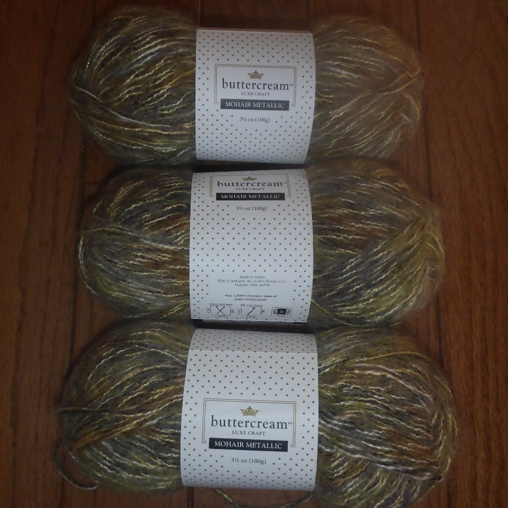 5 Skeins Buttercream Luxe Craft Mohair Metallic Yarn Color Green Ecru & Gold